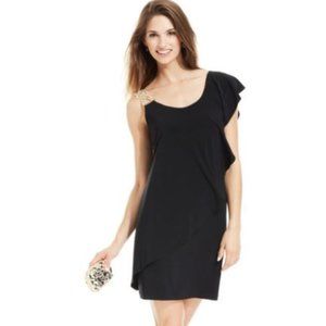 Betsy & Adam Rhinestone One-Shoulder Ruffled Party Dress